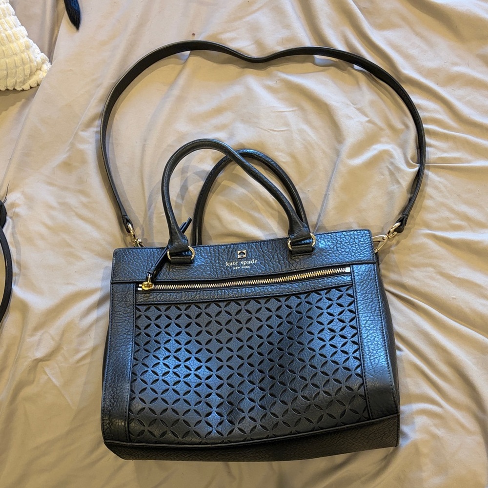 kate spade Black Laser-Cut Leather Satchel with Gold-Tone Hardware